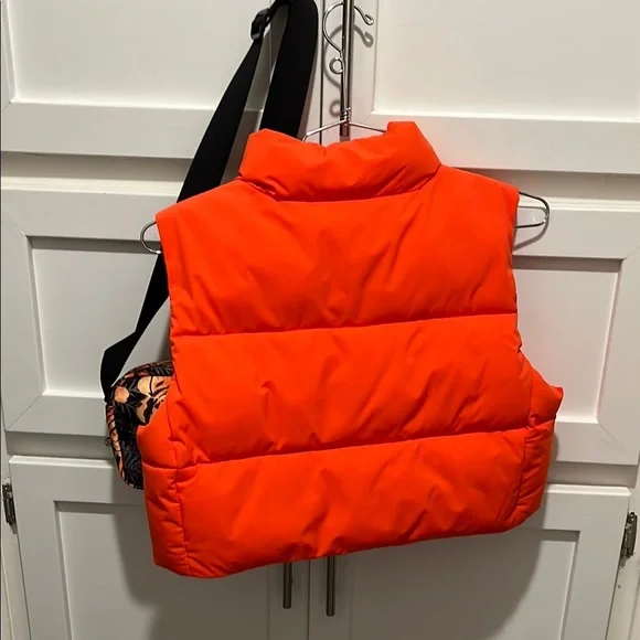 Bright Orange Puffer Vest with Tropical Print Bag - Picture 5 of 7